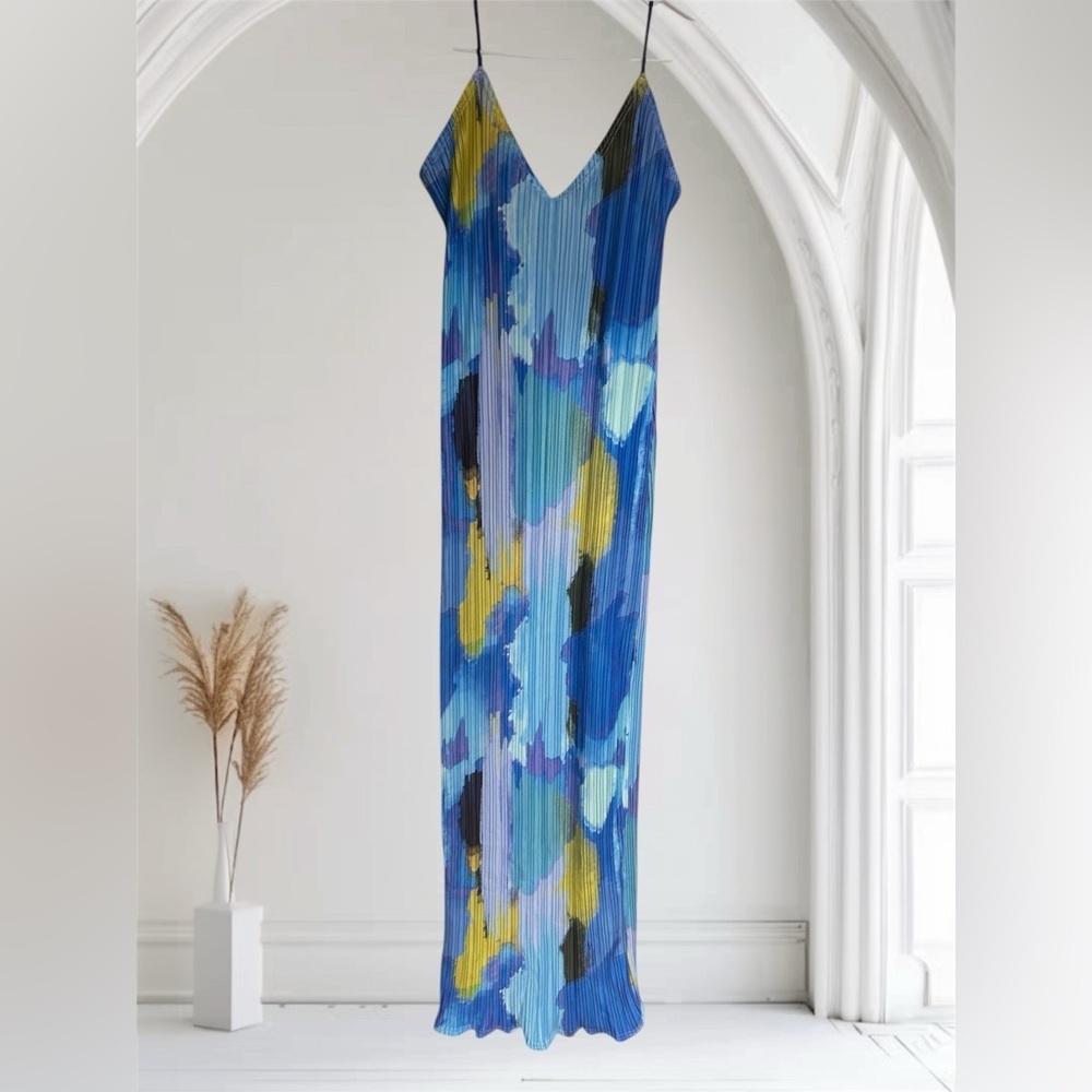 Pretty Little Thing Vibrant Blue Abstract pleated Maxi Dress Sz 12 nwt, 01
